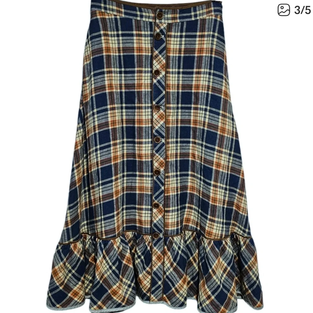 Ralph Lauren Double RL Blue Plaid Midi Skirt with Brown and Cream - Picture 3 of 6